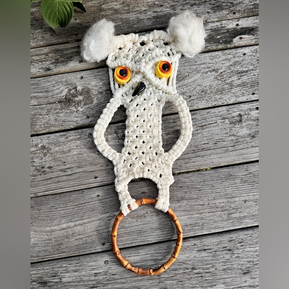 Vintage 1970’s Macrame Owl Towel Rack Holder
